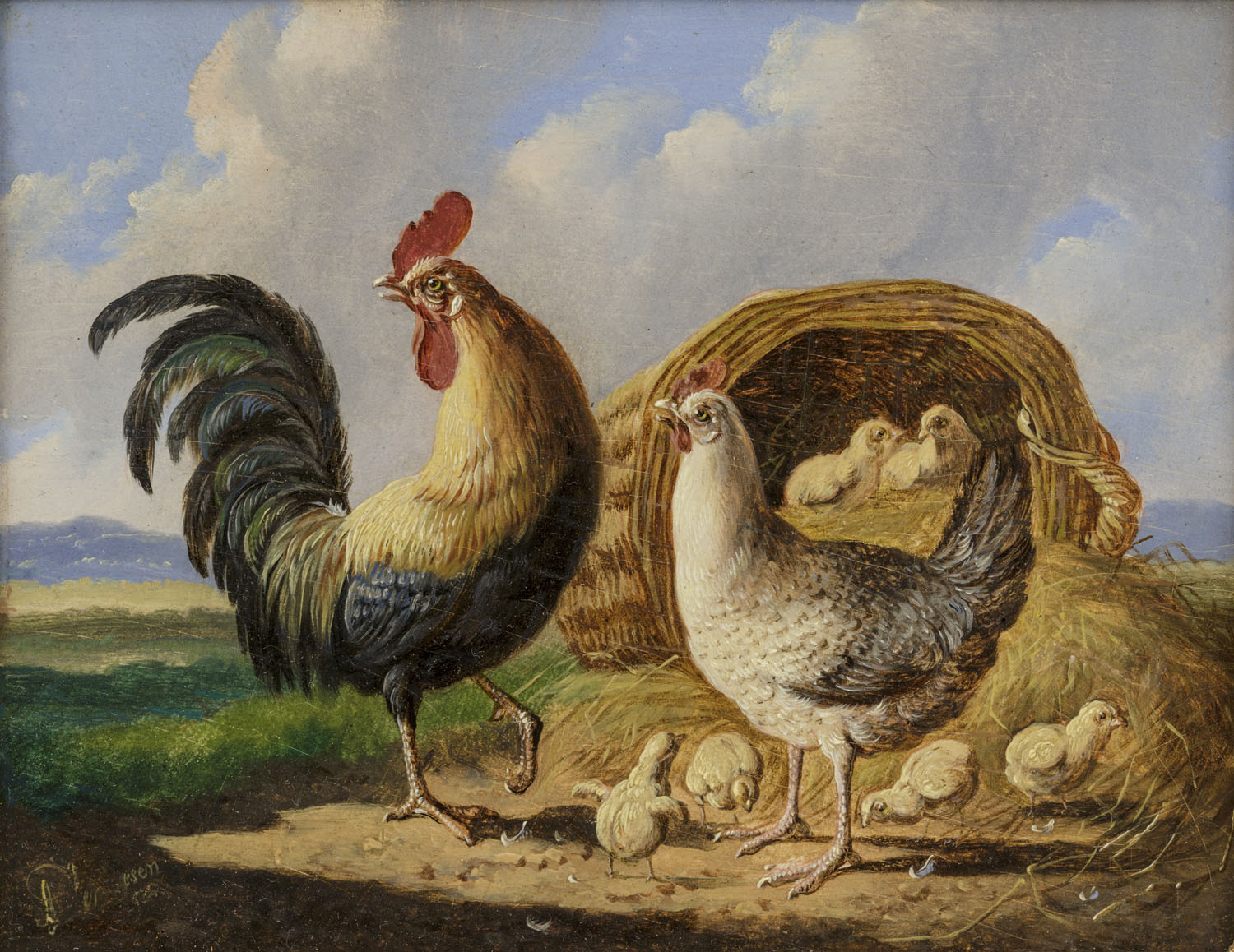 Albertus Verhoesen | Pluimvee bij een mand Albertus Verhoesen | Pluimvee bij een mand | Kunsthandel Bies
