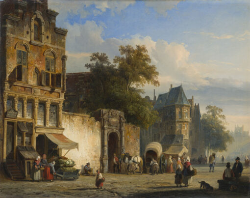 Cornelis Springer | Een stadsgezicht met vele figuren | Kunsthandel Bies