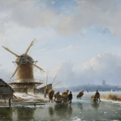 Andreas Schelfhout | Hollands winterlandschap met schaatsers bij een molen | Kunsthandel Bies