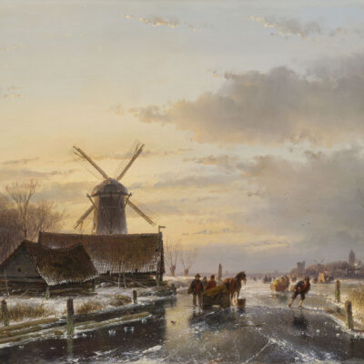Andreas Schelfhout | Een Hollands winterlandschap met een molen en figuren op het ijs | Kunsthandel Bies