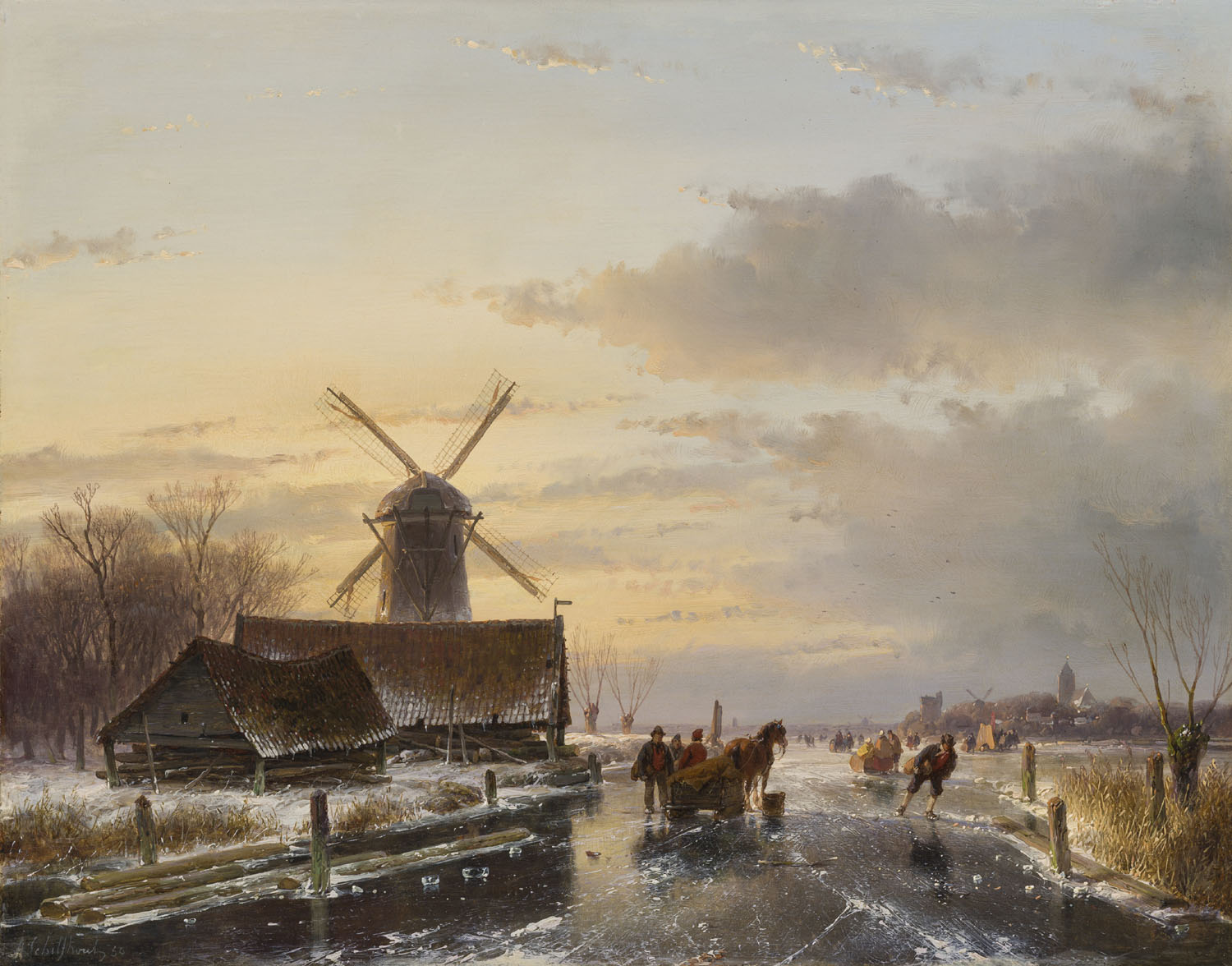 Andreas Schelfhout | Een Hollands winterlandschap met een molen en figuren op het ijs | Kunsthandel Bies