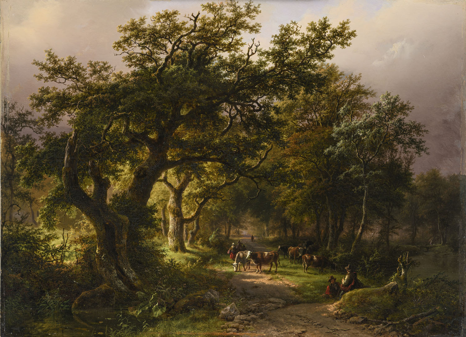 Barend Cornelis Koekkoek | Boslandschap met figuren en koeien bij avondlicht | Kunsthandel Bies Barend Cornelis Koekkoek | Boslandschap met figuren en koeien bij avondlicht | Kunsthandel Bies