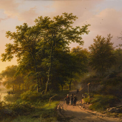 Barend Cornelis Koekkoek | Bosrijk landschap bij ondergaande zon met figuren op een landweg | Kunsthandel Bies