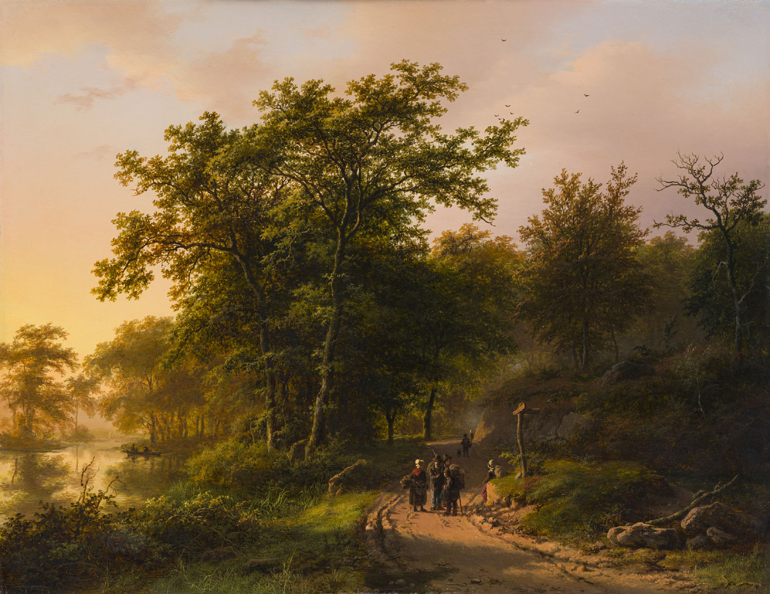 Barend Cornelis Koekkoek | Bosrijk landschap bij ondergaande zon met figuren op een landweg | Kunsthandel Bies