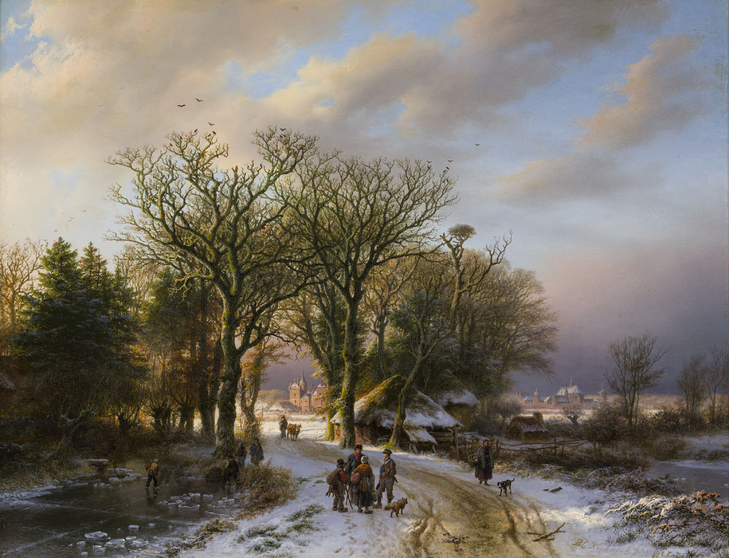 Barend Cornelis Koekkoek | Een winterlandschap met figuren op een landweg, een dorp in de verte | Kunsthandel Bies