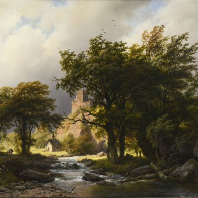 Barend Cornelis Koekkoek | Bosachtig zomerlandschap met een riviertje en een kapel | Kunsthandel Bies
