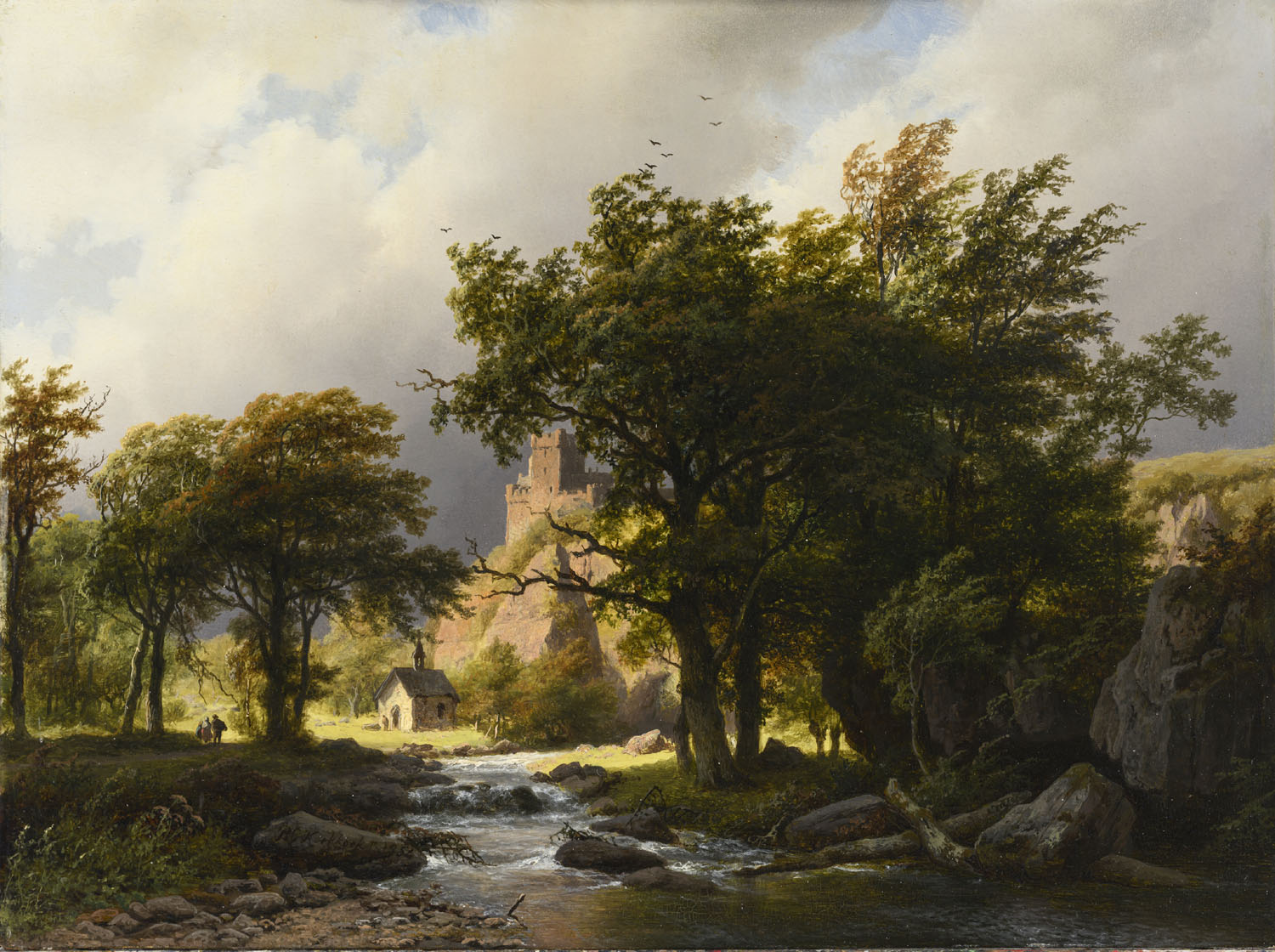 Barend Cornelis Koekkoek | Bosachtig zomerlandschap met een riviertje en een kapel Barend Cornelis Koekkoek | Bosachtig zomerlandschap met een riviertje en een kapel | Kunsthandel Bies