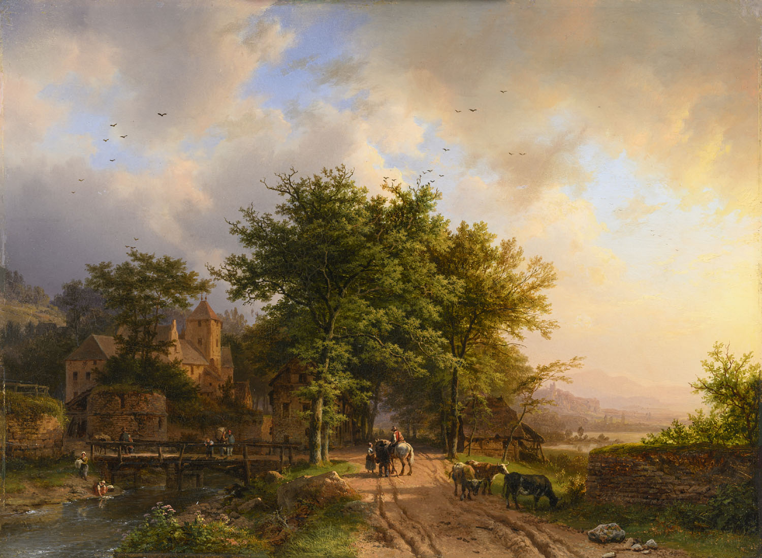Barend Cornelis Koekkoek | Zomers landschap bij avondlicht met figuren en koeien en een brug | Kunsthandel Bies