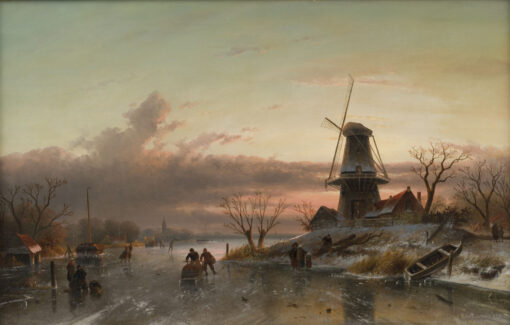 Charles Leickert | A Winter landscape with skaters on the ice, a windmill on the right | Kunsthandel Bies