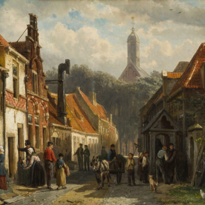 Cornelis Springer | Bolsward, een straatje met vele figuren en de Broerekerk | Kunsthandel Bies