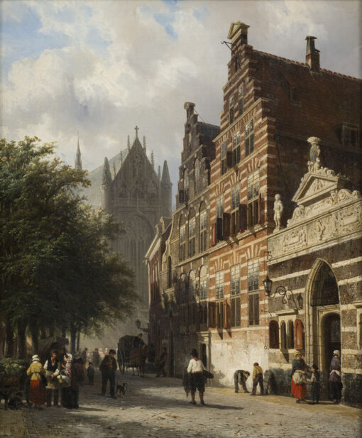 Cornelis Springer | Leiden, gezicht op de Hooglandse Kerkgracht met rechts het Heilige Geest Weeshuis | Kunsthandel Bies