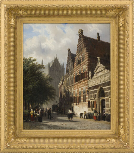 Cornelis Springer | Leiden, gezicht op de Hooglandse Kerkgracht met rechts het Heilige Geest Weeshuis | Kunsthandel Bies