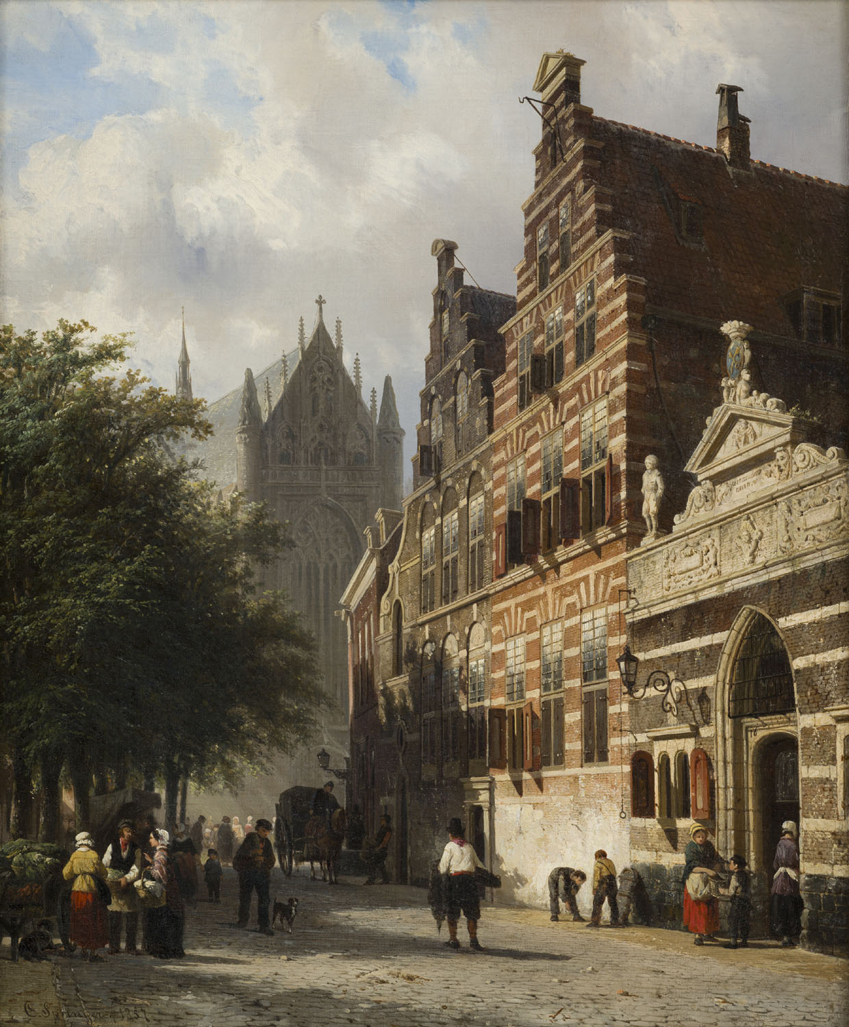 Cornelis Springer | Leiden, gezicht op de Hooglandse Kerkgracht met rechts het Heilige Geest Weeshuis | Kunsthandel Bies