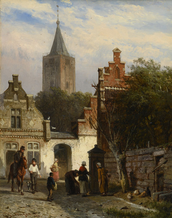 Cornelis Springer | Gezicht te Naarden met de Grote  Kerk (St. Vituskerk) in de achtergrond | Kunsthandel Bies