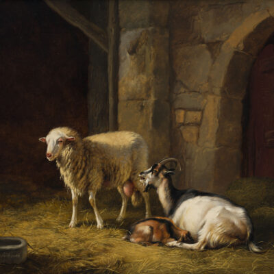 Eugène Verboeckhoven | Stalinterieur met geiten en een schaap | Kunsthandel Bies