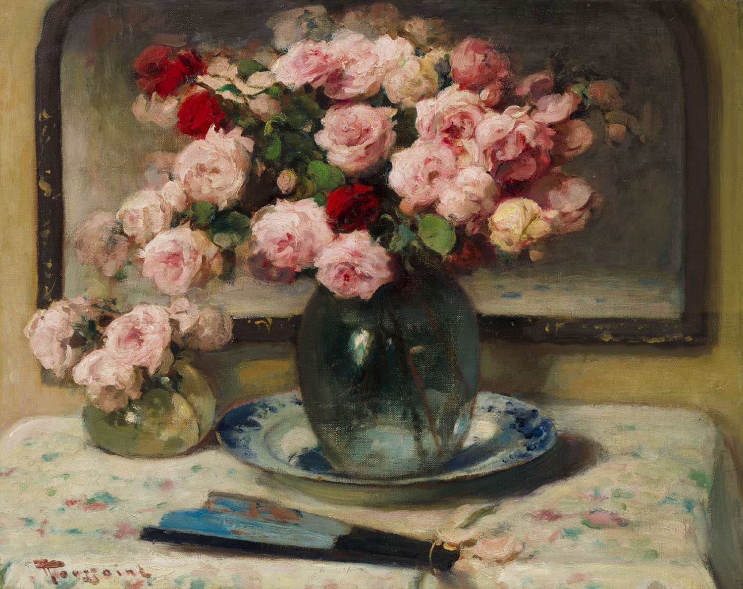 Fernand Toussaint | Stilleven met rozen en een waaier | Kunsthandel Bies