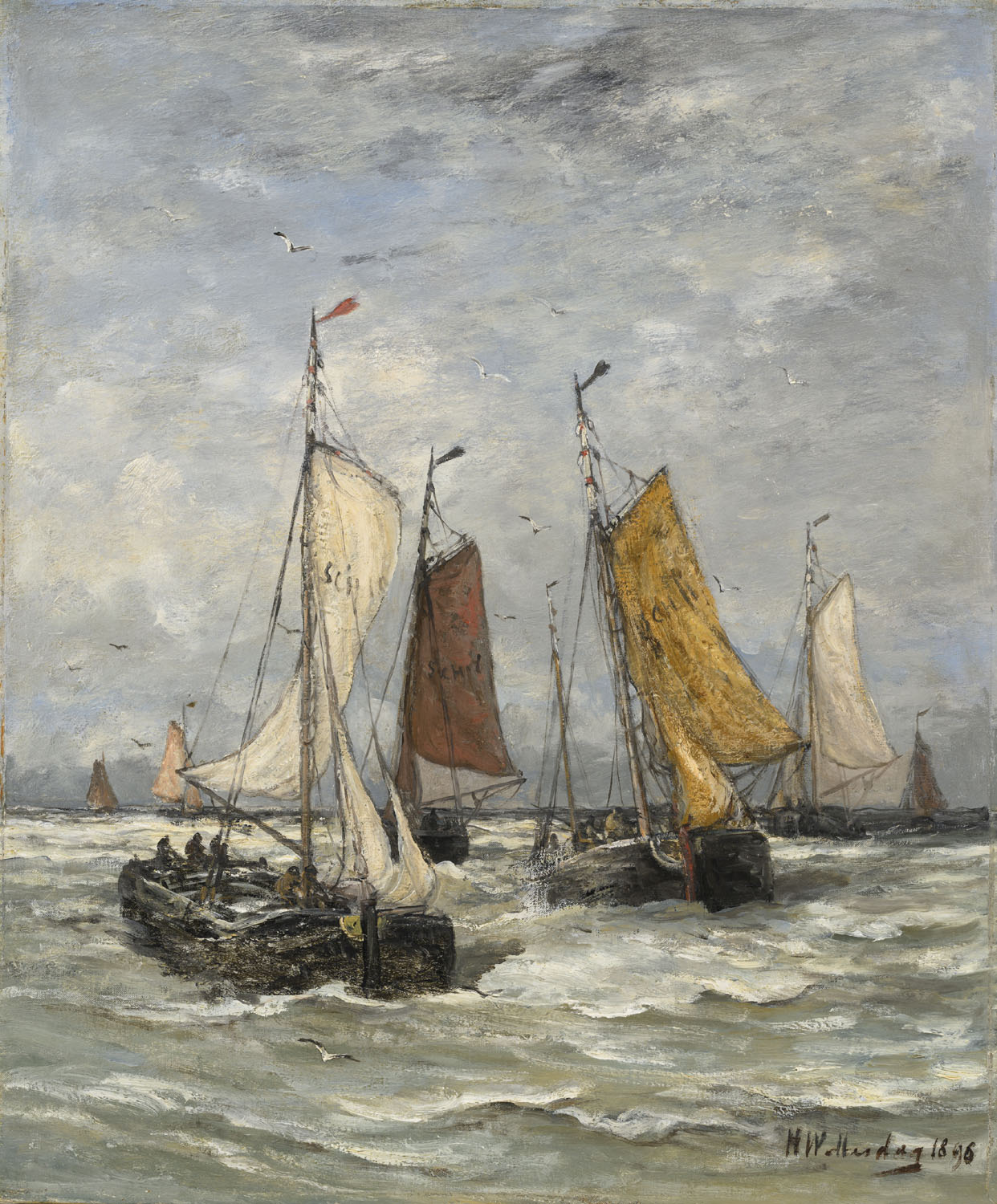 Hendrik Willem Mesdag | Bomschuiten op zee te Scheveningen | Kunsthandel Bies