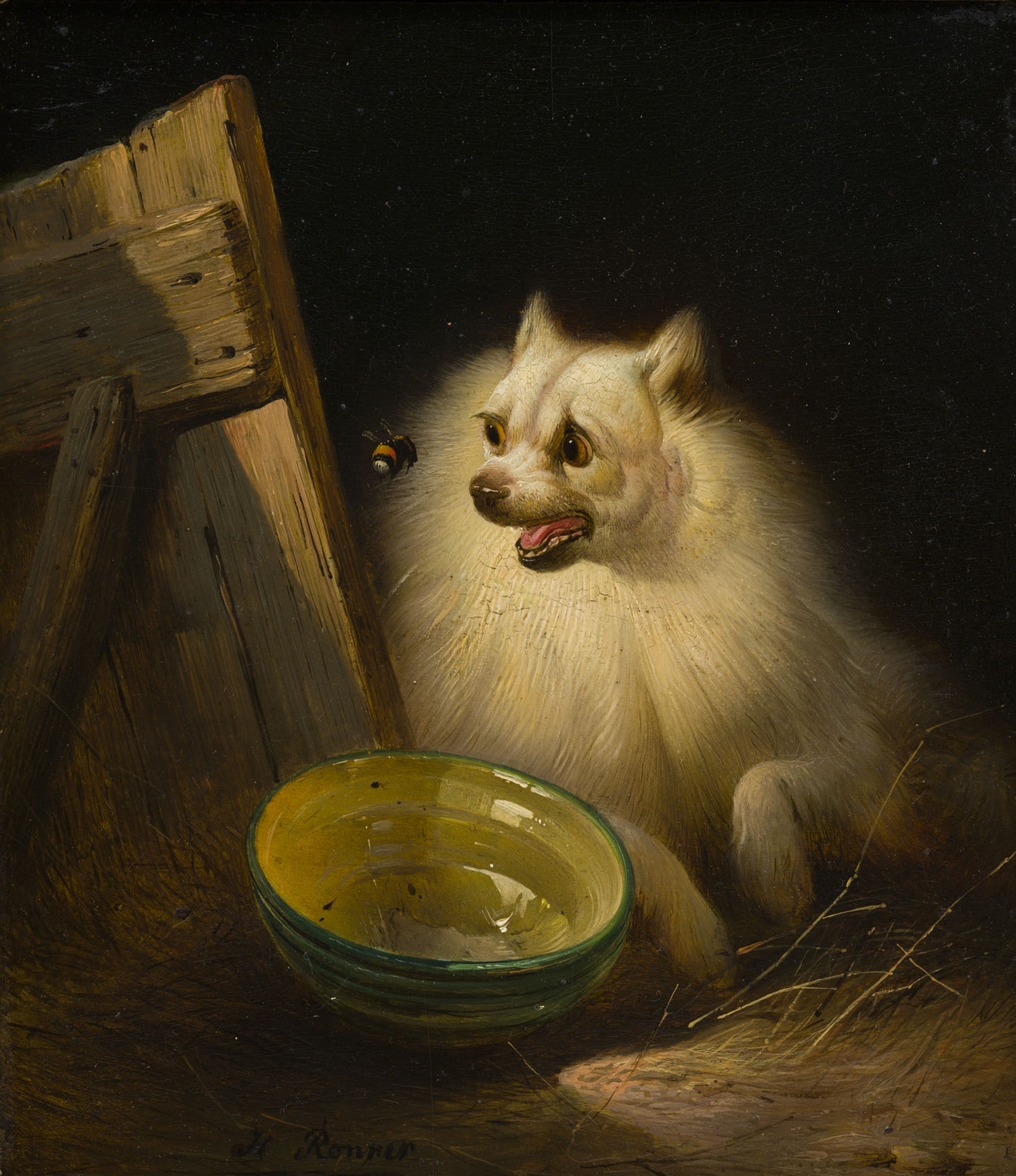 Henriette Ronner | De Keeshond en de hommel Henriette Ronner | De Keeshond en de hommel | Kunsthandel Bies