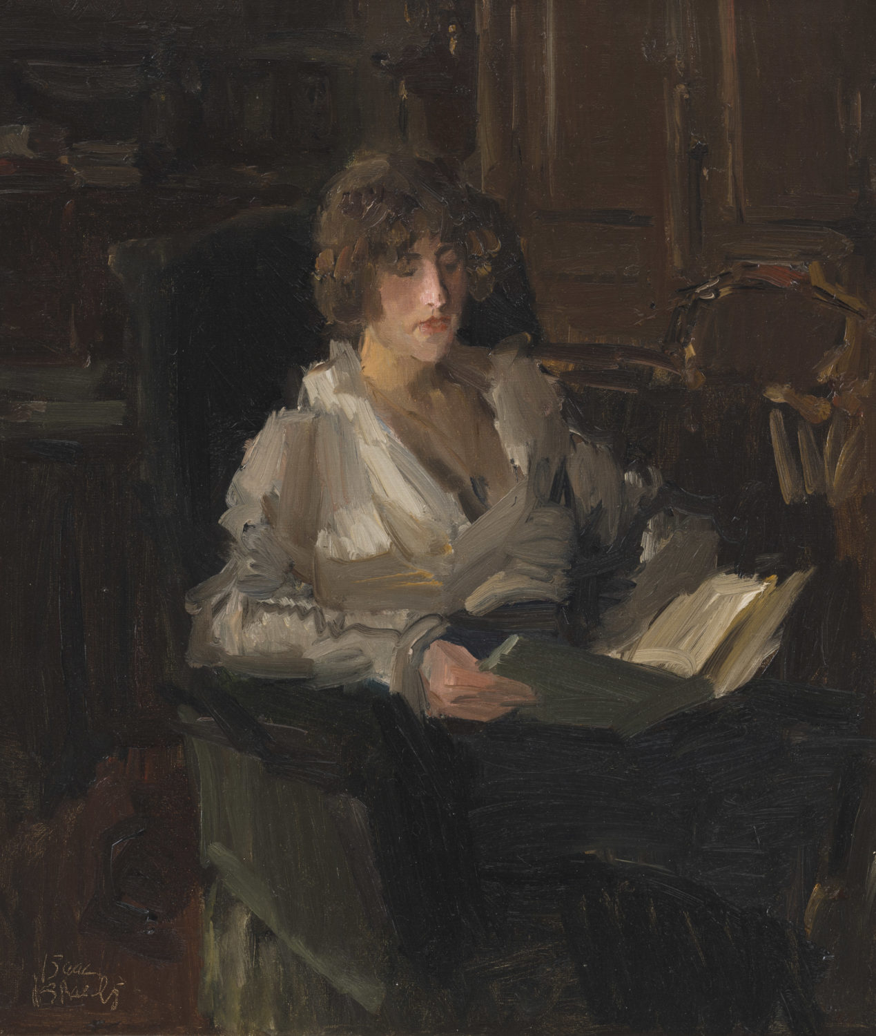 Isaac Israels | Sophie de Vries reading a book in Israels’ studio in The Hague | Kunsthandel Bies | Bies Gallery Isaac Israels | Sophie de Vries reading a book in Israels’ studio in The Hague | Kunsthandel Bies | Bies Gallery