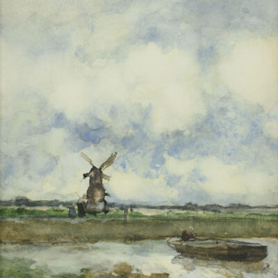 Hendrik Johannes Weissenbruch | Polderlandschap met molen een een praam | Kunsthandel Bies