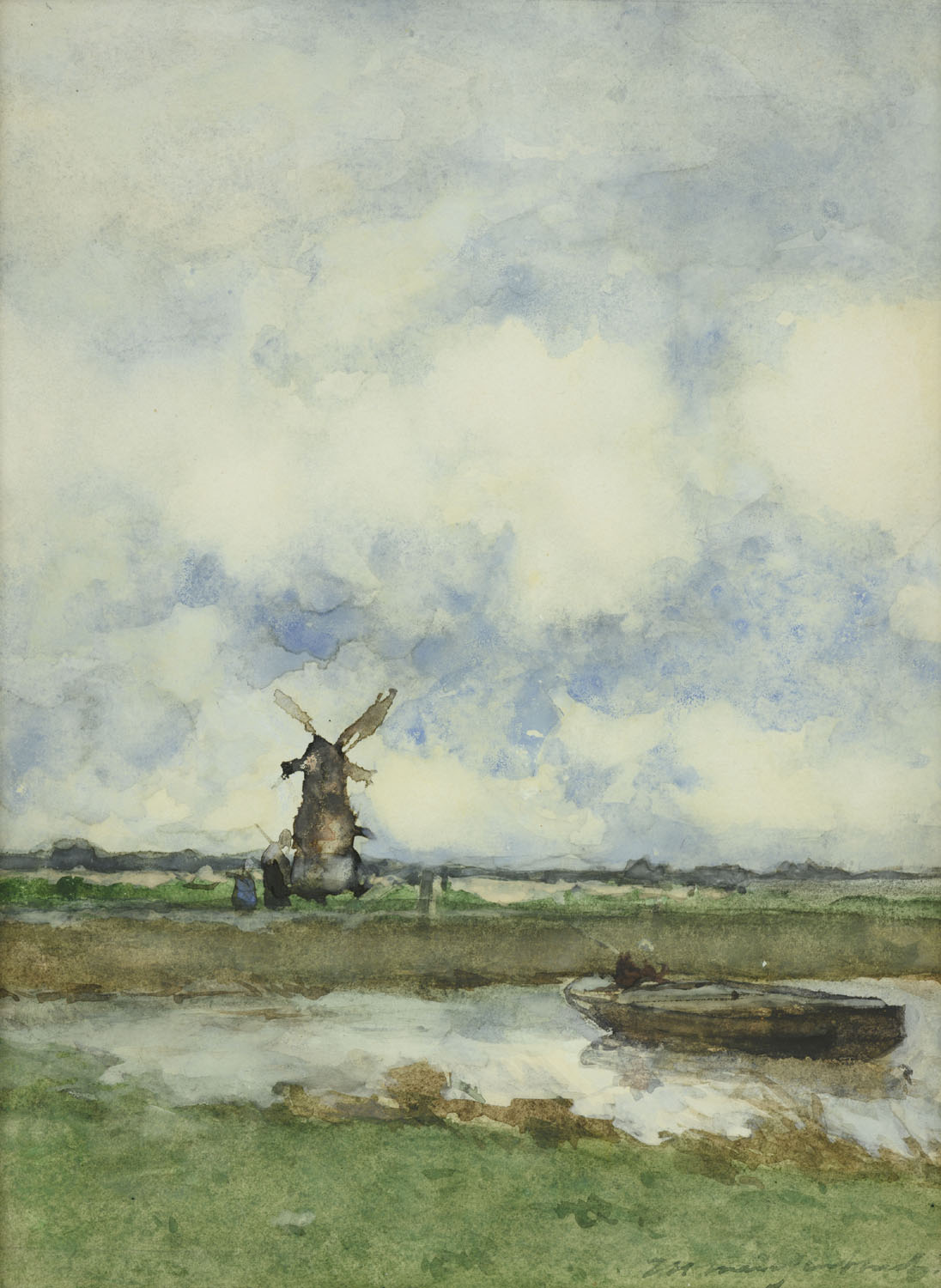 Hendrik Johannes Weissenbruch | Polderlandschap met molen een een praam | Kunsthandel Bies