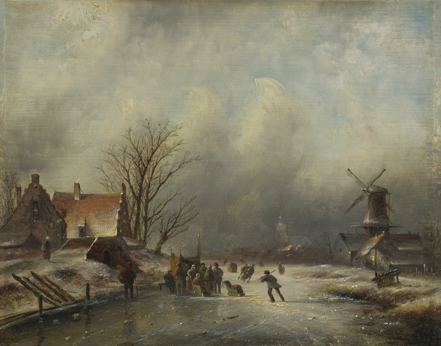 Jacob Jan Coenraad Spohler | Winterlandschap met schaatsenrijders bij Zaandam | Kunsthandel Bies