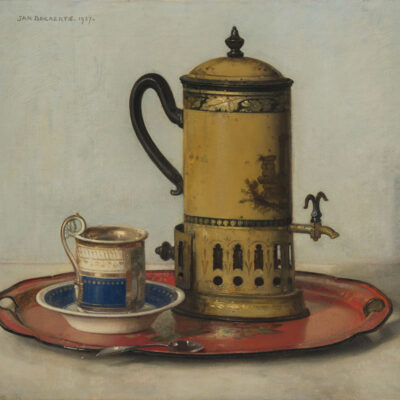 Jan Bogaerts | A coffee pot with a cup and saucer on a red tray | Kunsthandel Bies