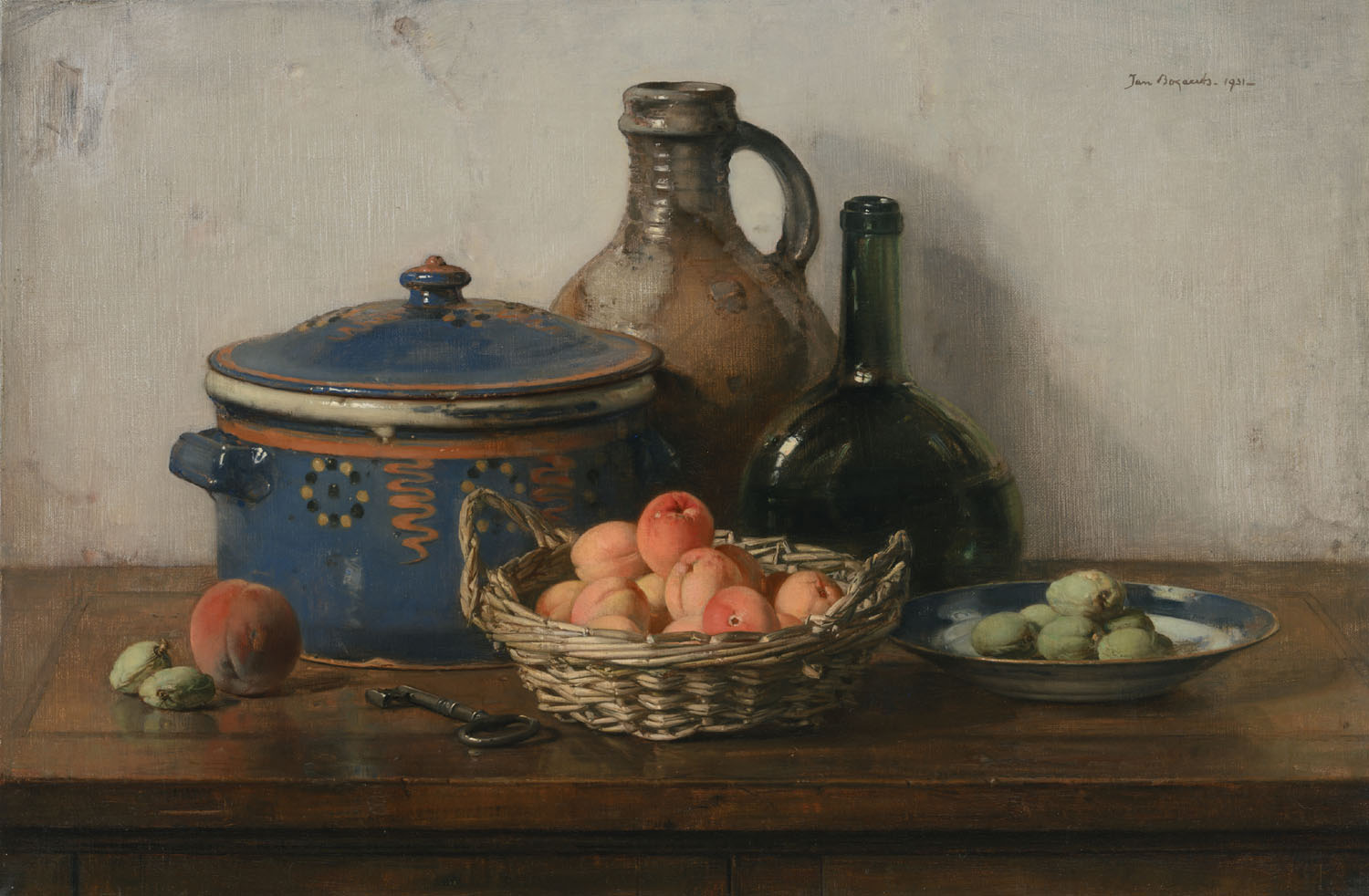 Jan Bogaerts | Stilleven met kruik, pan, fles en fruit op een tafel | Kunsthandel Bies