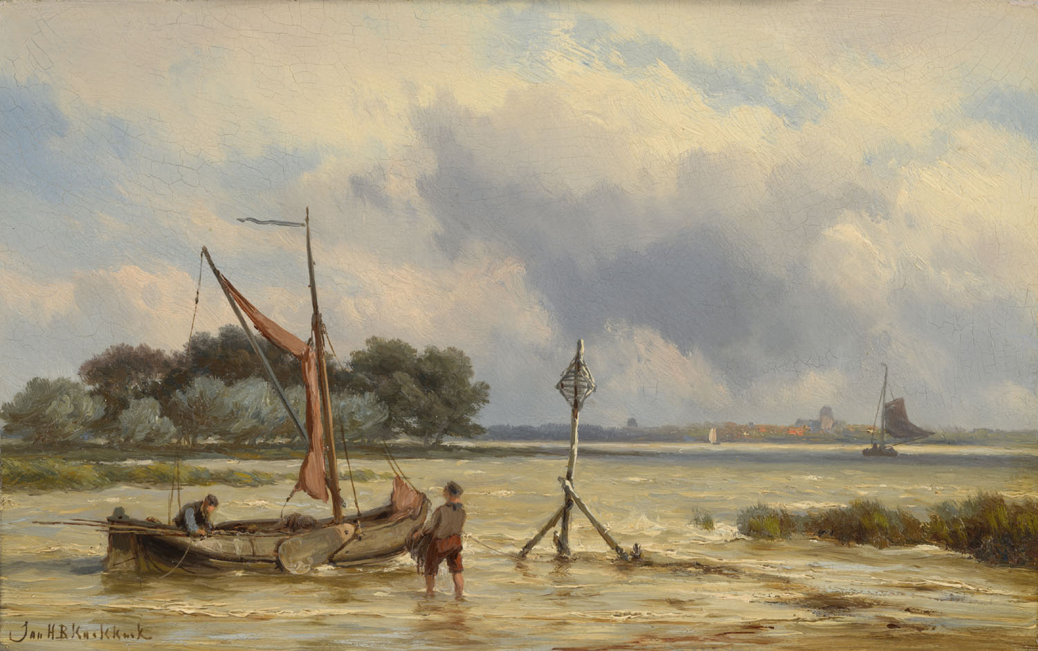 Jan H. B. Koekkoek | Riviergezicht met twee mannen bij een zeilbootje Jan H. B. Koekkoek | Riviergezicht met twee mannen bij een zeilbootje | Kunsthandel Bies