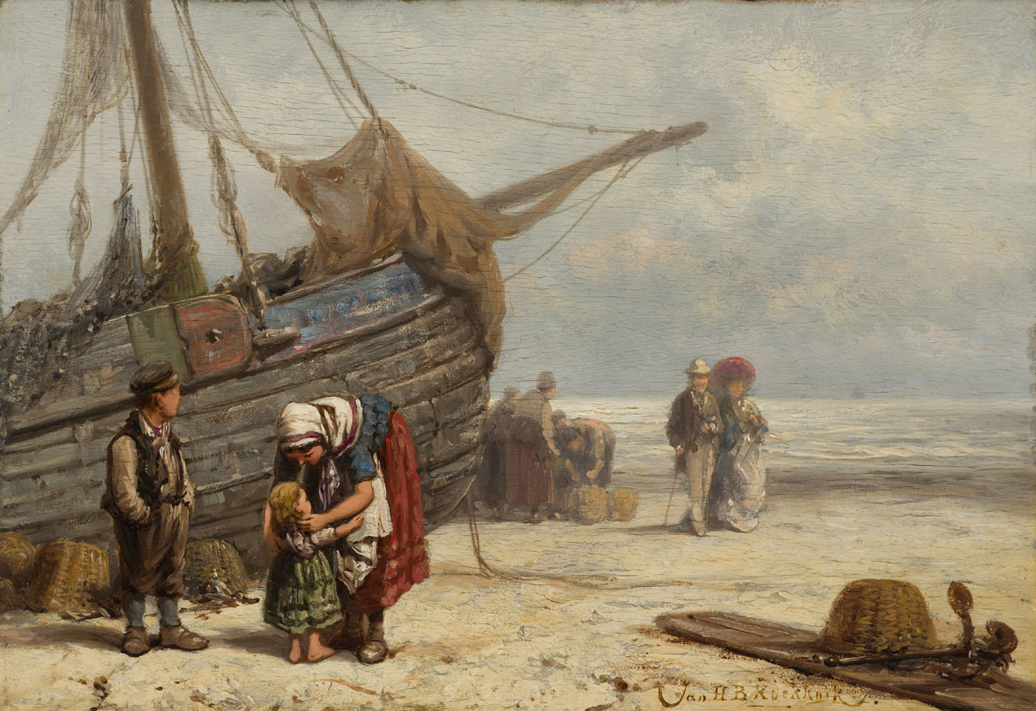 Jan H.B. Koekkoek | Strandgezicht met vissersvolk en een wandelend echtpaar | Kunsthandel Bies