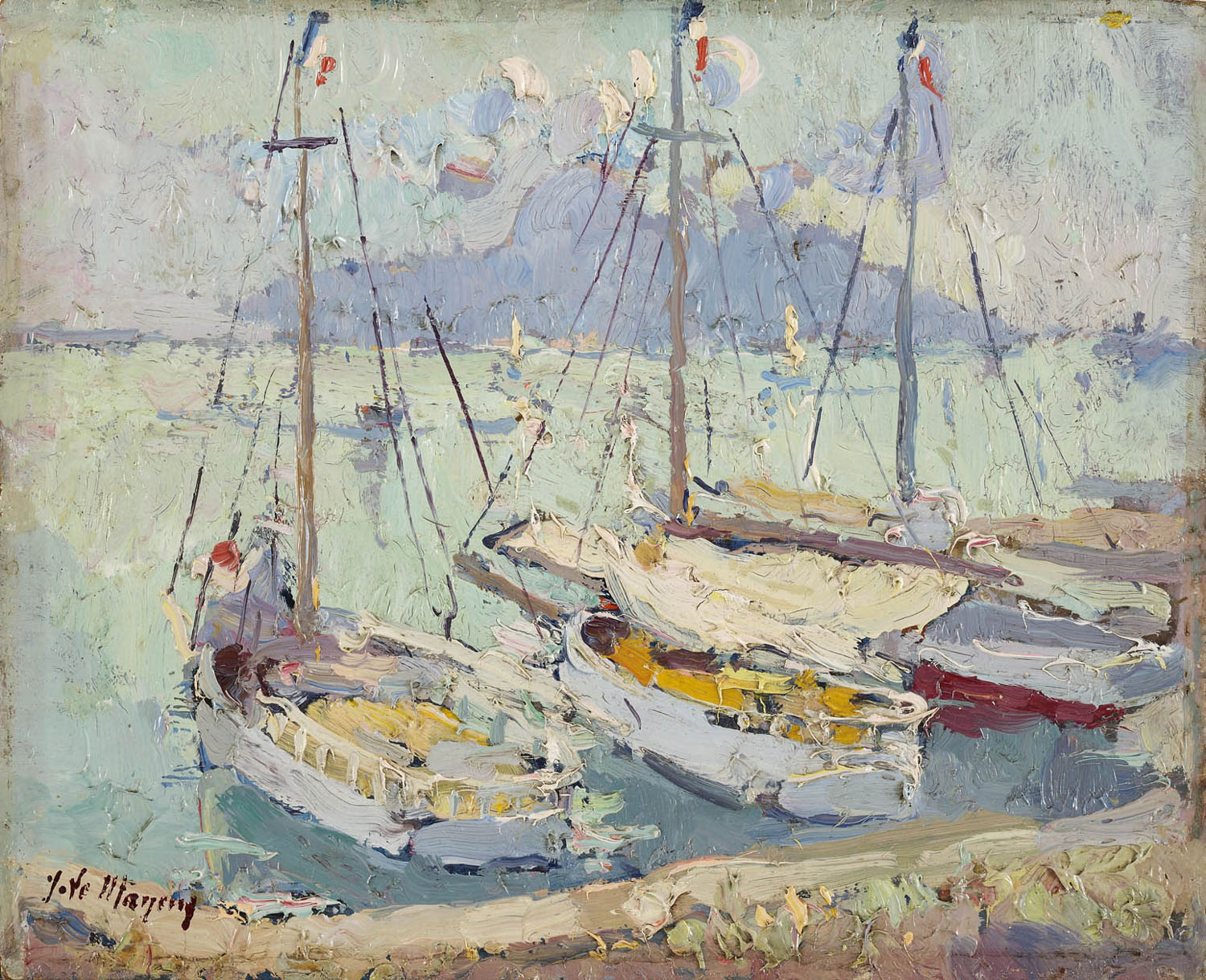 Jean Le Mayeur de Merprès | Zeilboten in een Franse haven | Kunsthandel Bies