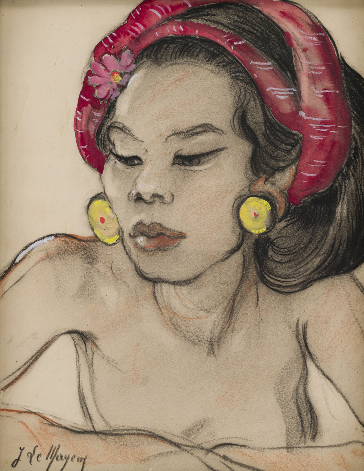 Jean Le Mayeur de Merpres | Ni Pollok met gouden oorbellen (subeng) en een rode sjaal in het haar | Kunsthandel Bies