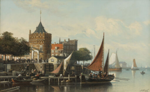 Johan Adolph Rust | Stadsgezicht met de Schreierstoren in Amsterdam | Kunsthandel Bies