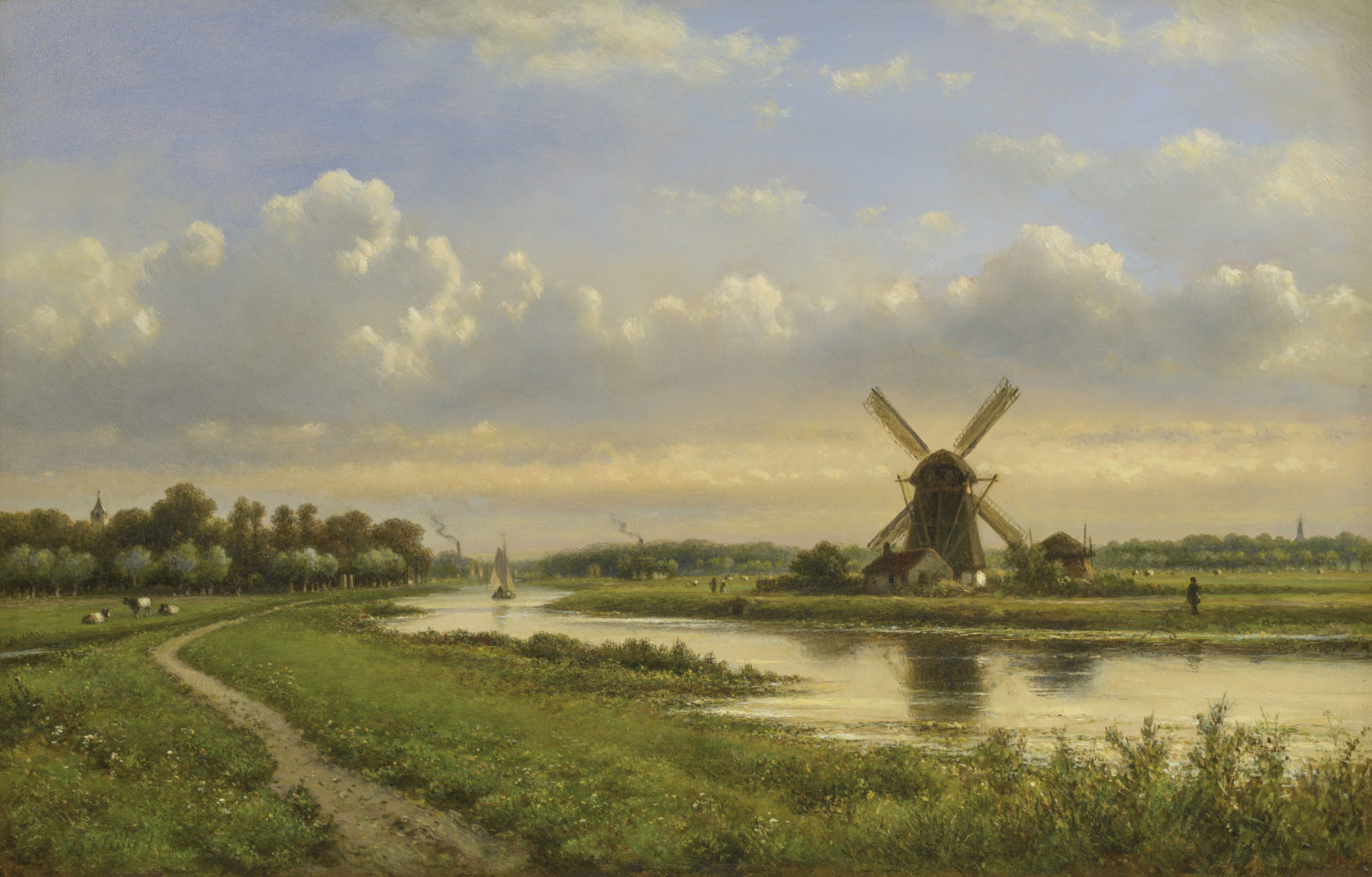 Lodewijk Johannes Kleijn | Zomers landschap met molen langs een rivier | Kunsthandel Bies