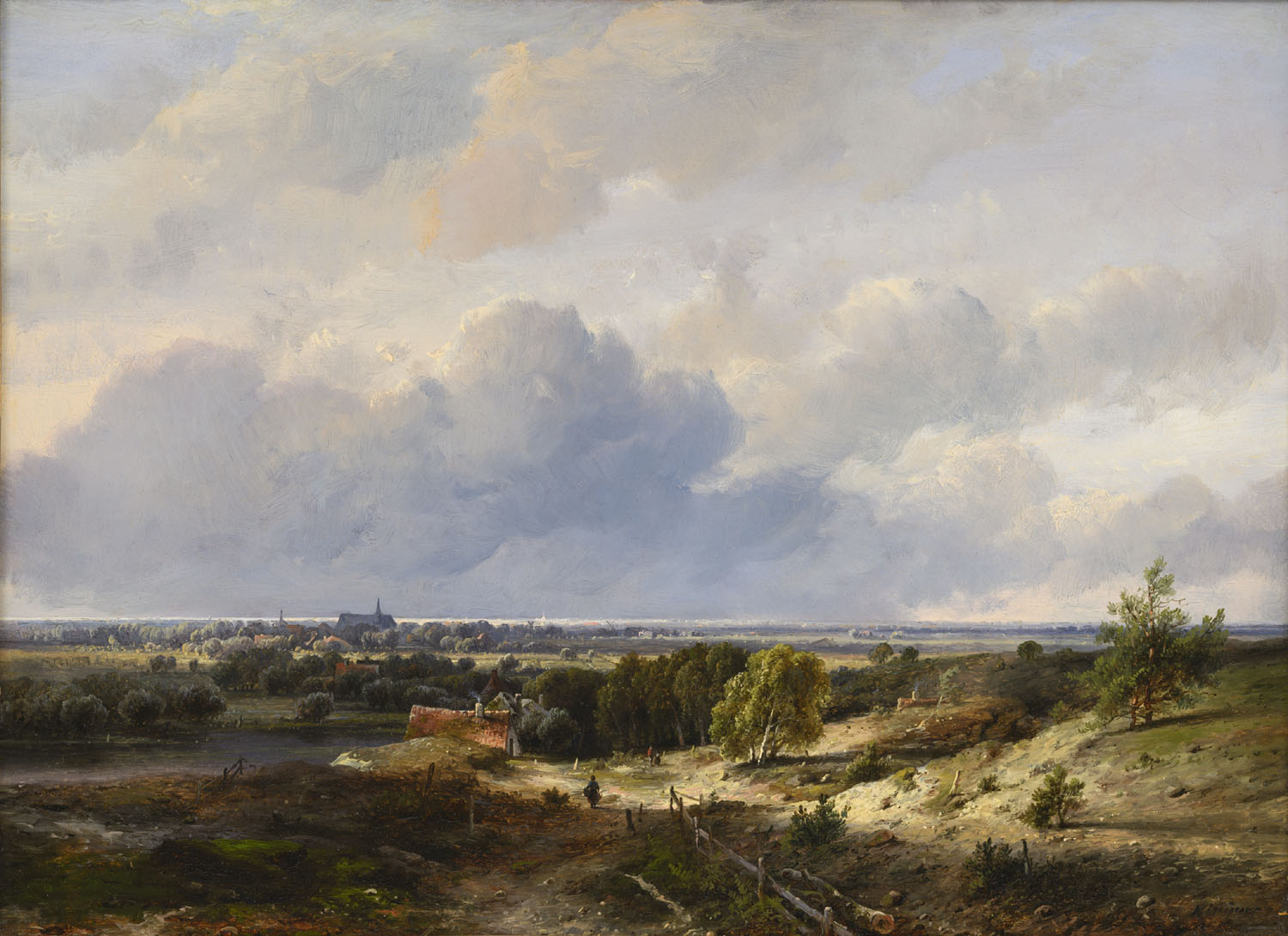 Pieter Lodewijk Francisco Kluyver | Weids landschap met Den Haag op de achtergrond | Kunsthandel Bies