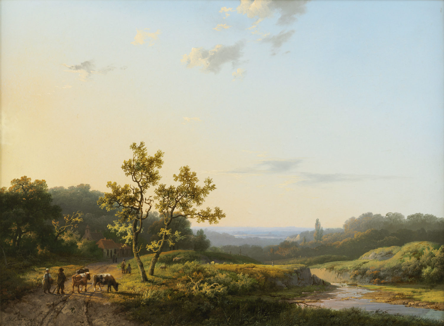 Marinus Adrianus Koekkoek | Zomers heuvellandschap met personen en vee | Kunsthandel Bies Marinus Adrianus Koekkoek | Zomers heuvellandschap met personen en vee | Kunsthandel Bies