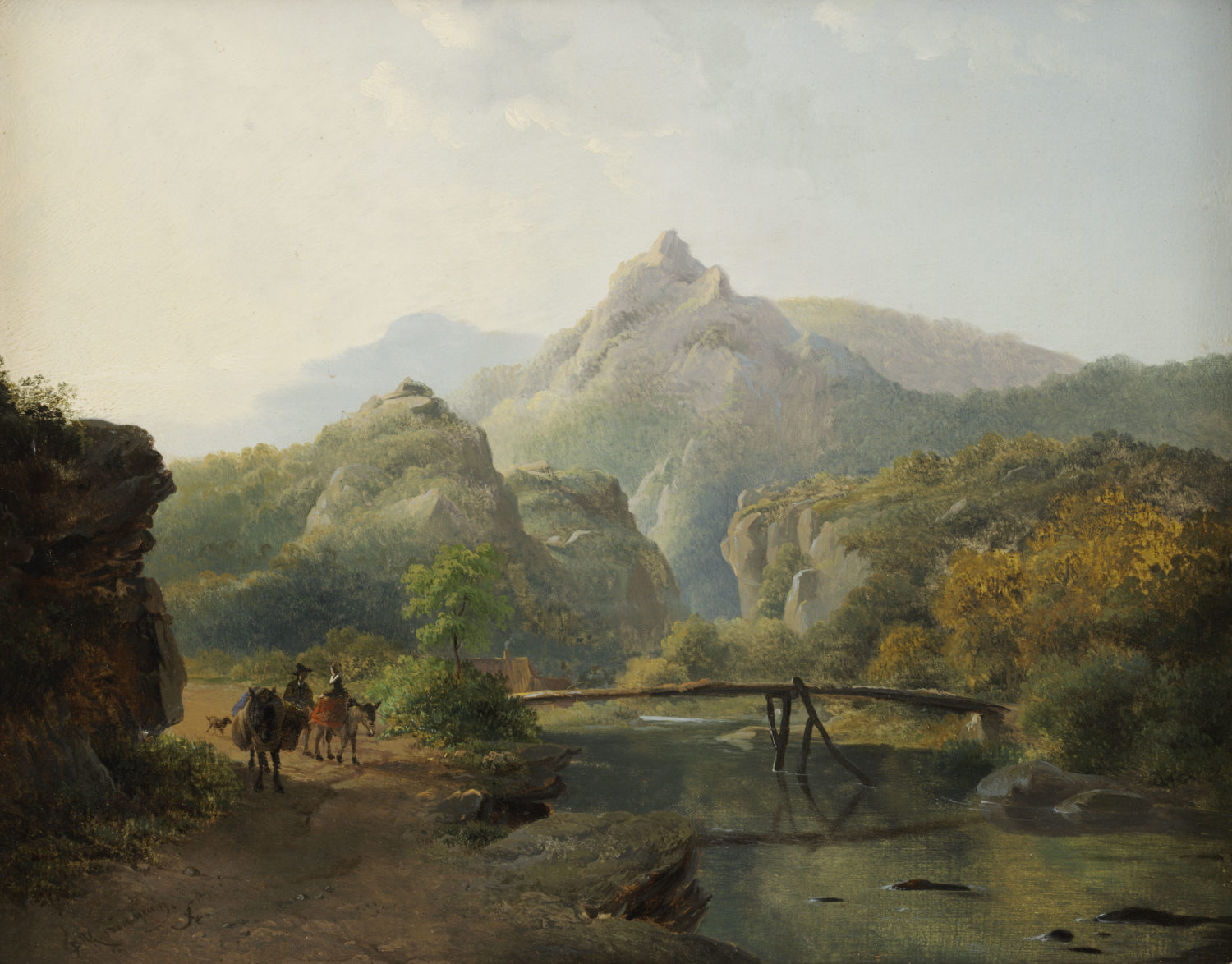 Frederik Marinus Kruseman | Bergachtig landschap met reizigers op een weg langs een rivier | Kunsthandel Bies