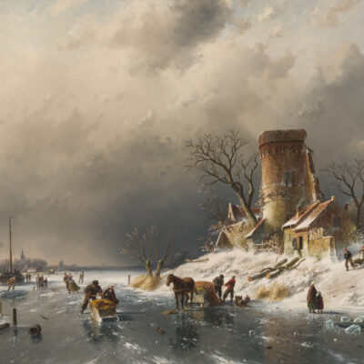 Charles Leickert | A Dutch ice scene with skaters and a horse-drawn sleigh | Kunsthandel Bies