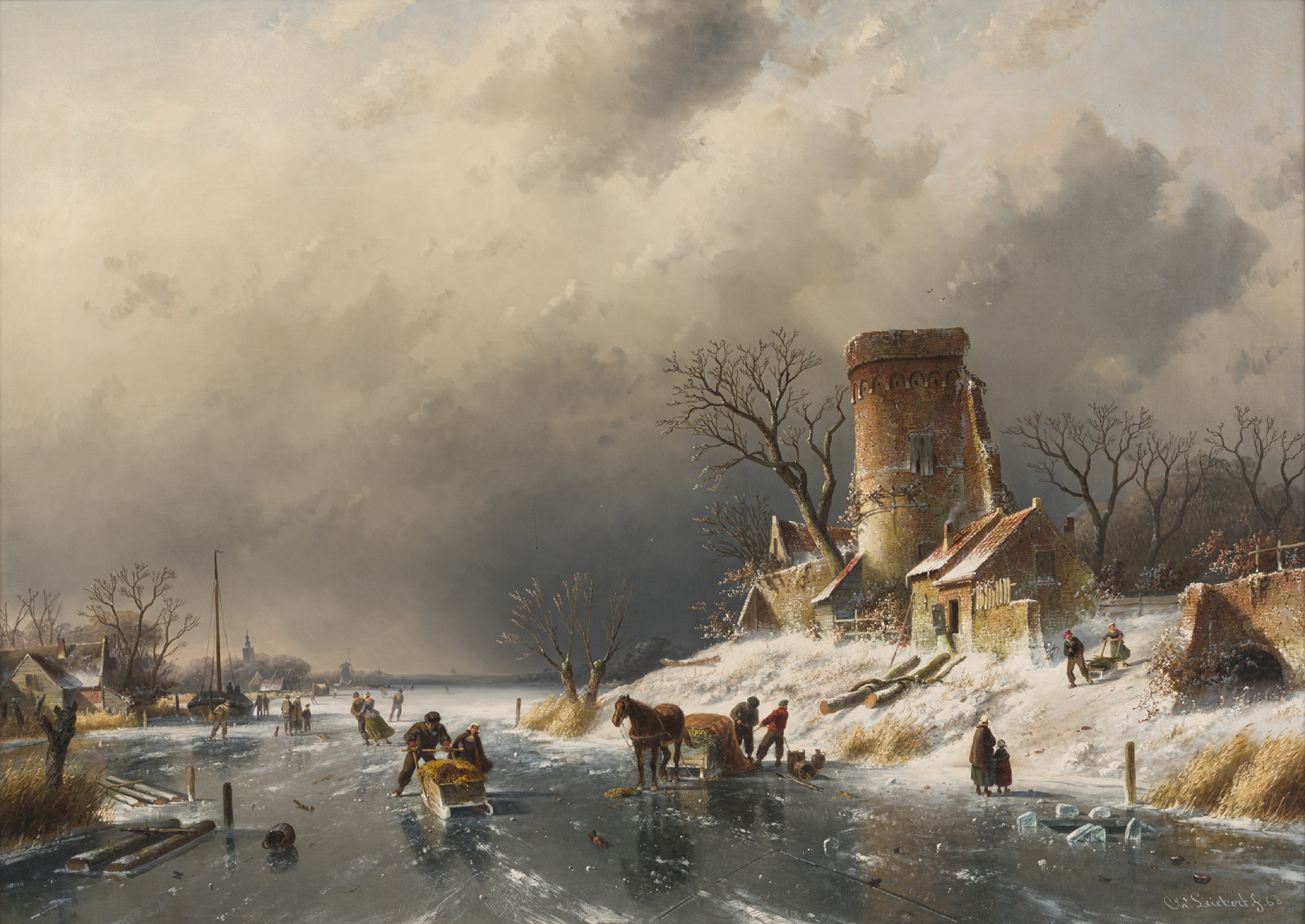 Charles Leickert | Een Hollands winterlandschap met schaatsenrijders en een paardenslee | Kunsthandel Bies