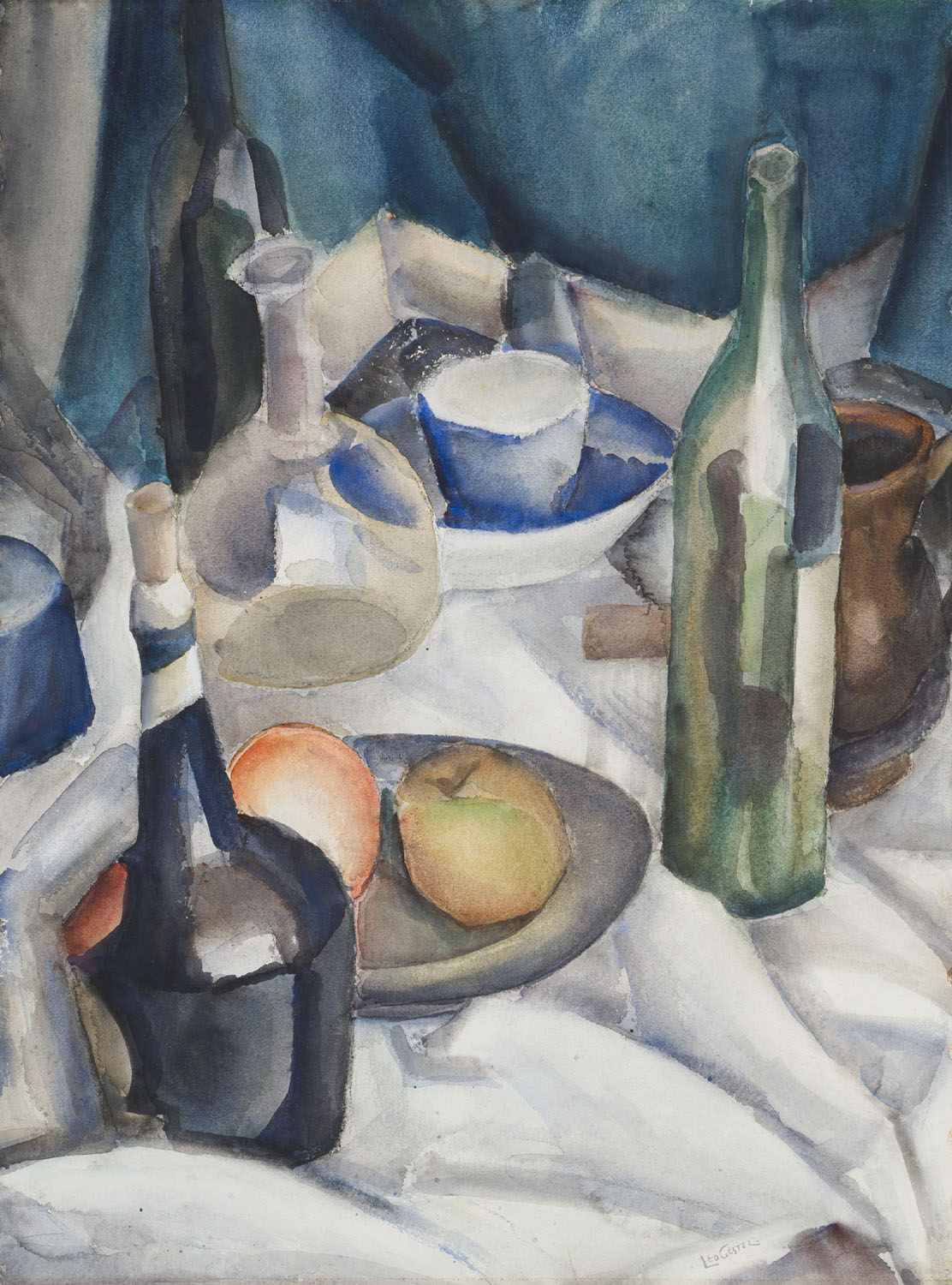 Leo Gestel | Stilleven met flessen en appels | Kunsthandel Bies