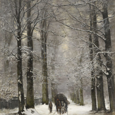 Louis Apol | Paardenkar in een winters boslandschap | Kunsthandel Bies