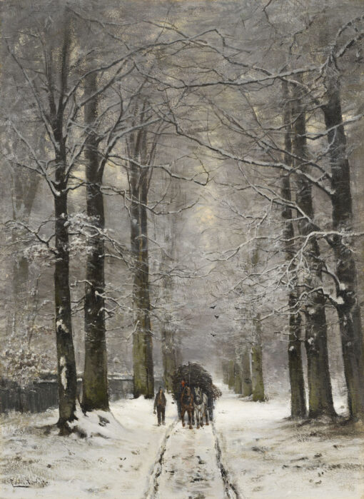 Louis Apol | A forest in winter with a horse-drawn cart | Kunsthandel Bies