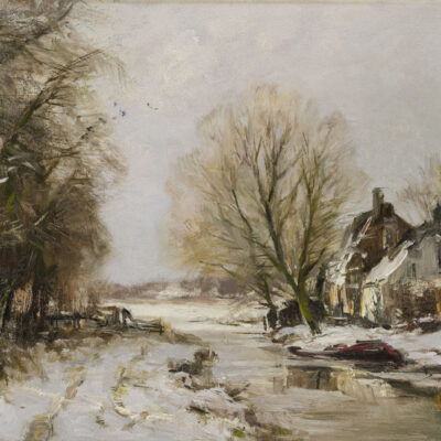 Louis Apol | A winter landscape with a farmhouse by a canal | Kunsthandel Bies