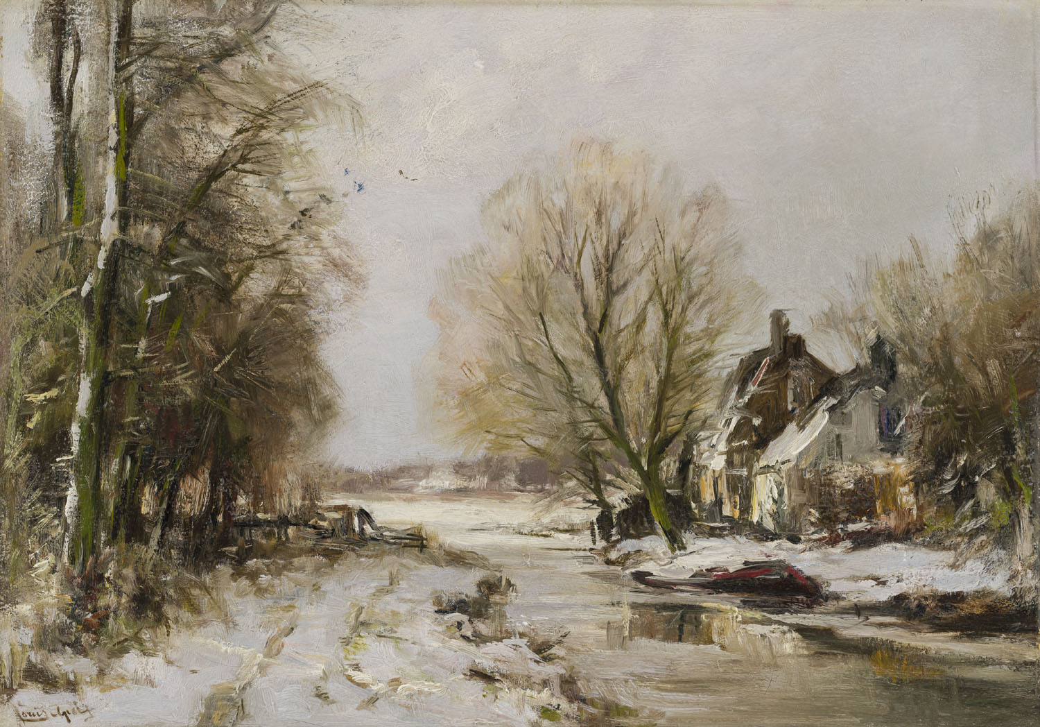 Louis Apol | A winter landscape with a farmhouse by a canal Louis Apol | A winter landscape with a farmhouse by a canal | Kunsthandel Bies