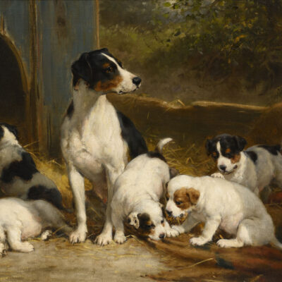 Otto Eerelman | Een hond met vijf puppy's bij een hondenhok | Kunsthandel Bies