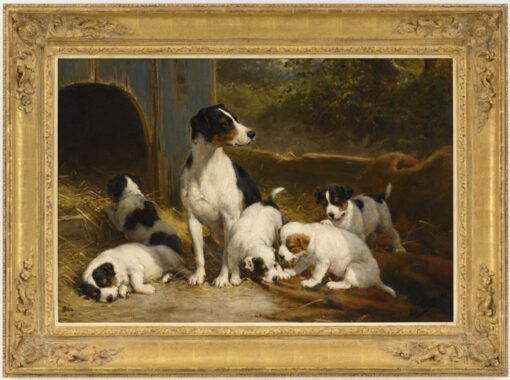 Otto Eerelman | Een hond met vijf puppy's bij een hondenhok | Kunsthandel Bies