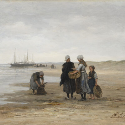 Philip Sadée | Drie vissersvrouwen en een jong meisje op het strand | Kunsthandel Bies