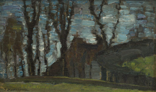 Piet Mondriaan | Gabled farmhouse facade with row of trees and blue sky