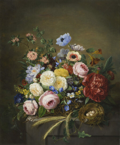 Ravenswaay, A. van | A still life with flowers and a bird's nest