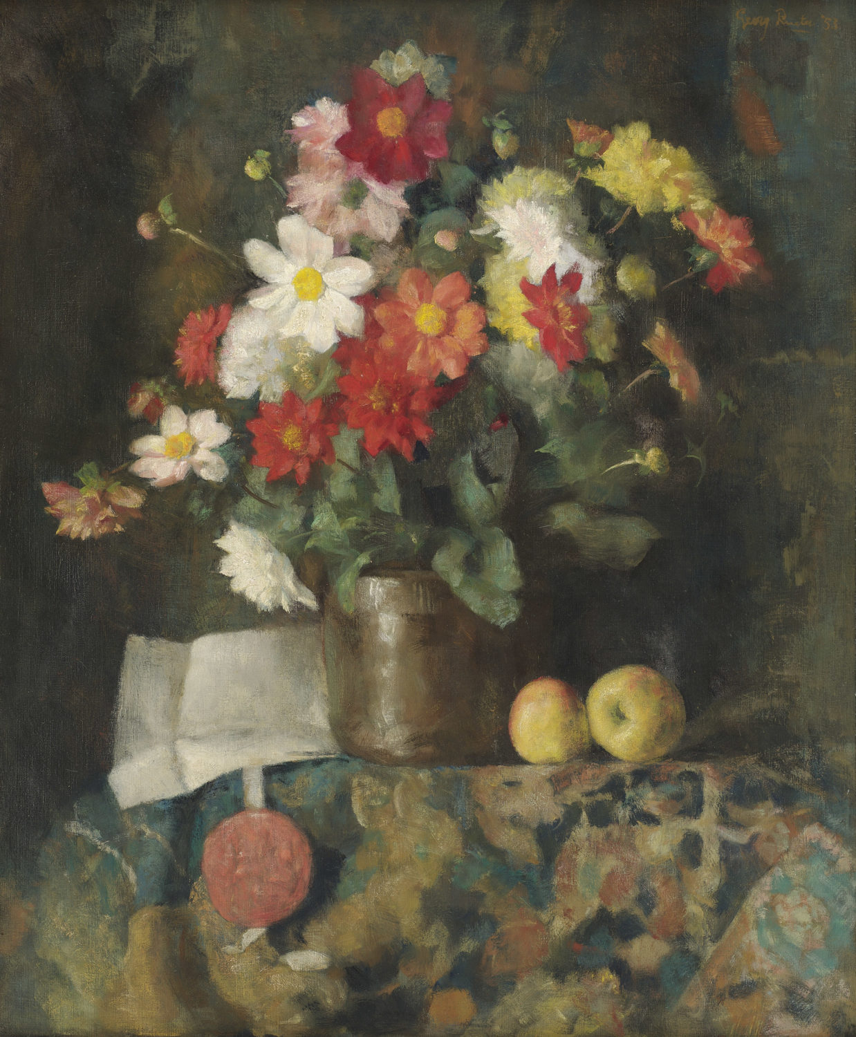 Georg Rueter | Stilleven met bloemen, appels en een oorkonde | Kunsthandel Bies Georg Rueter | Stilleven met bloemen, appels en een oorkonde | Kunsthandel Bies